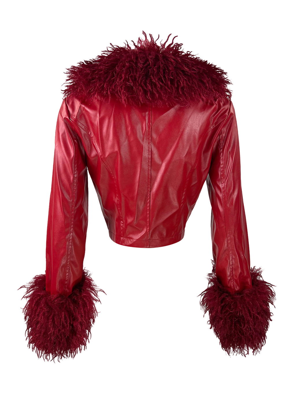 Women Furry V-Neck Button-Up Pu-Leather Jacket Top