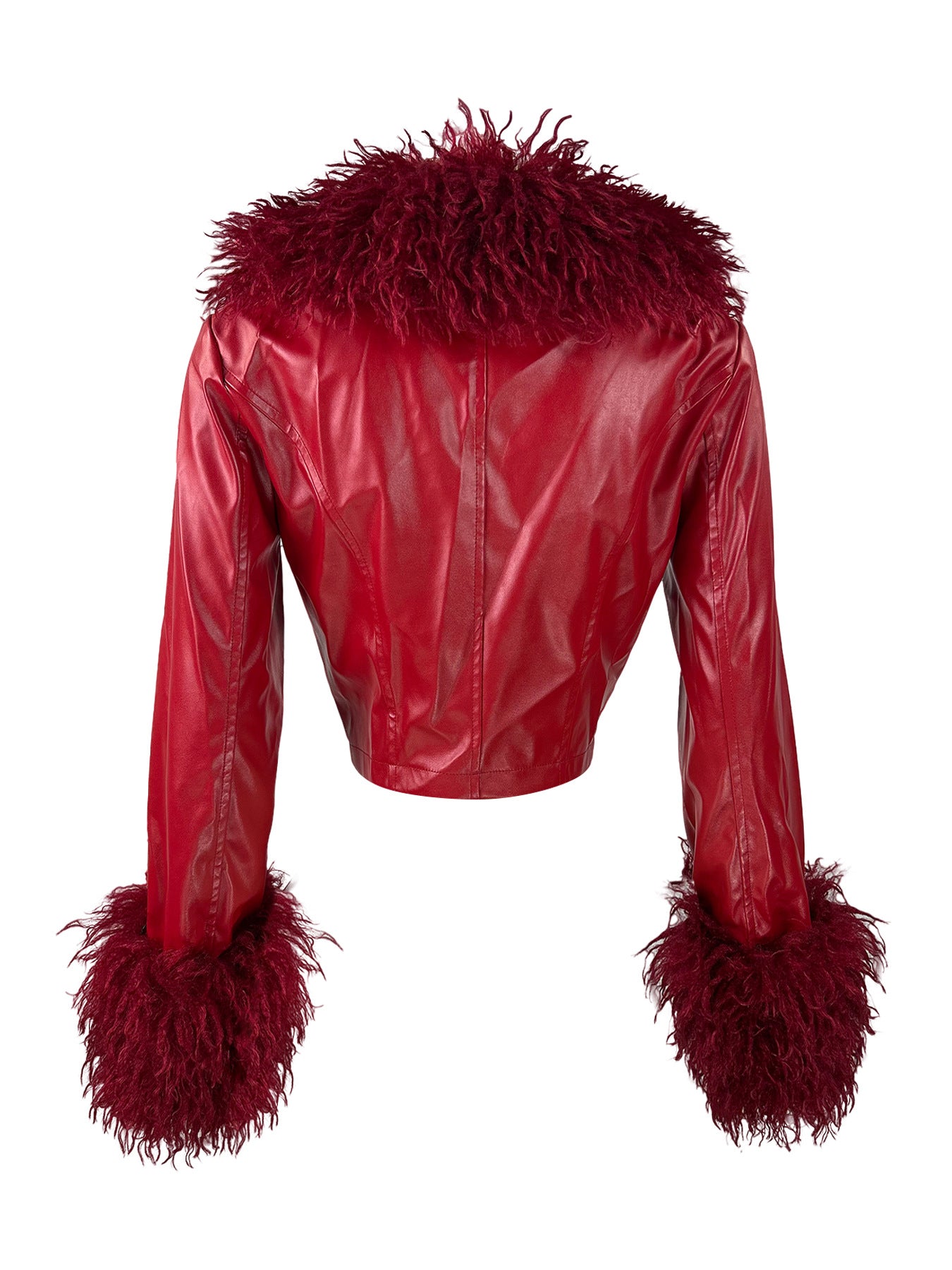 Women Furry V-Neck Button-Up Pu-Leather Jacket Top
