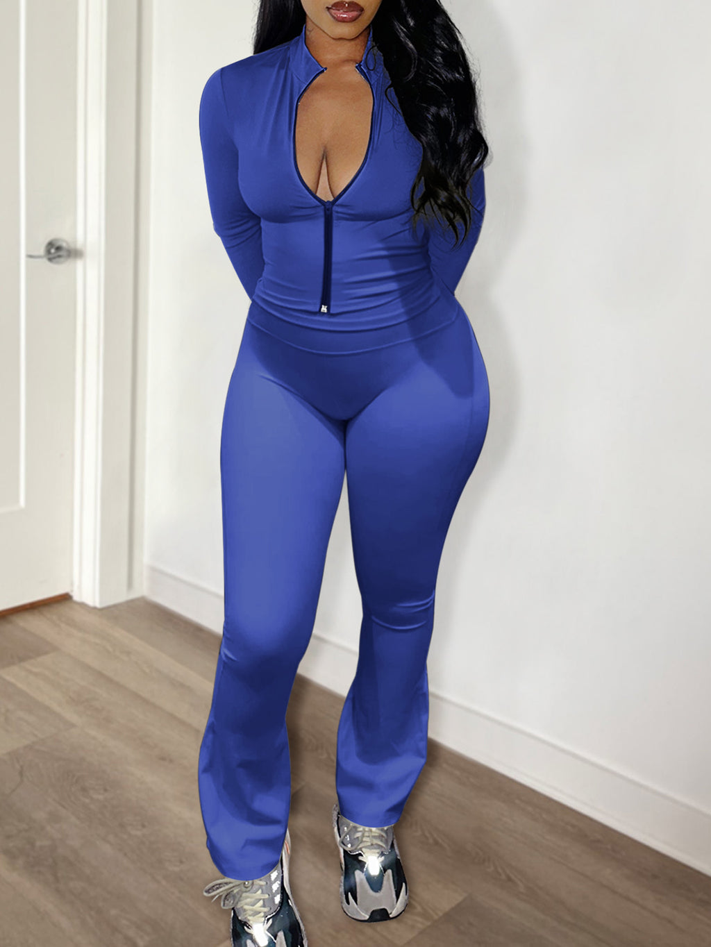 Women Casual Top And Bell Bottom Long Pants Two Piece Set