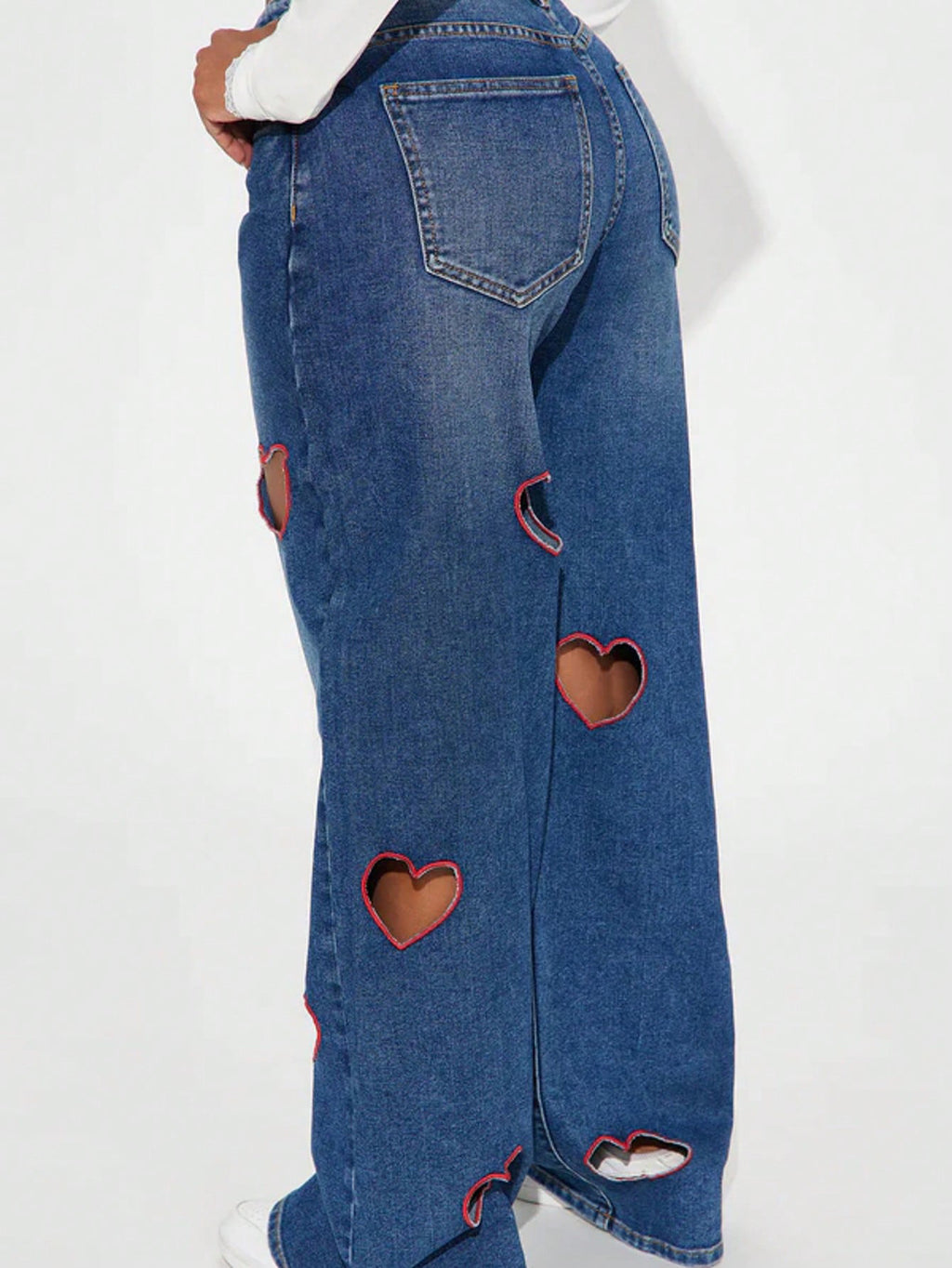 Women Denim American Style Hollow-out Heart Print Embroidered Wide-leg Pants
