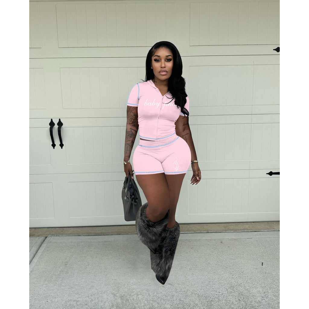 Summer Women High-Stretch Zip Hooded Casual Short Sleeve Top Shorts Two-Piece Set