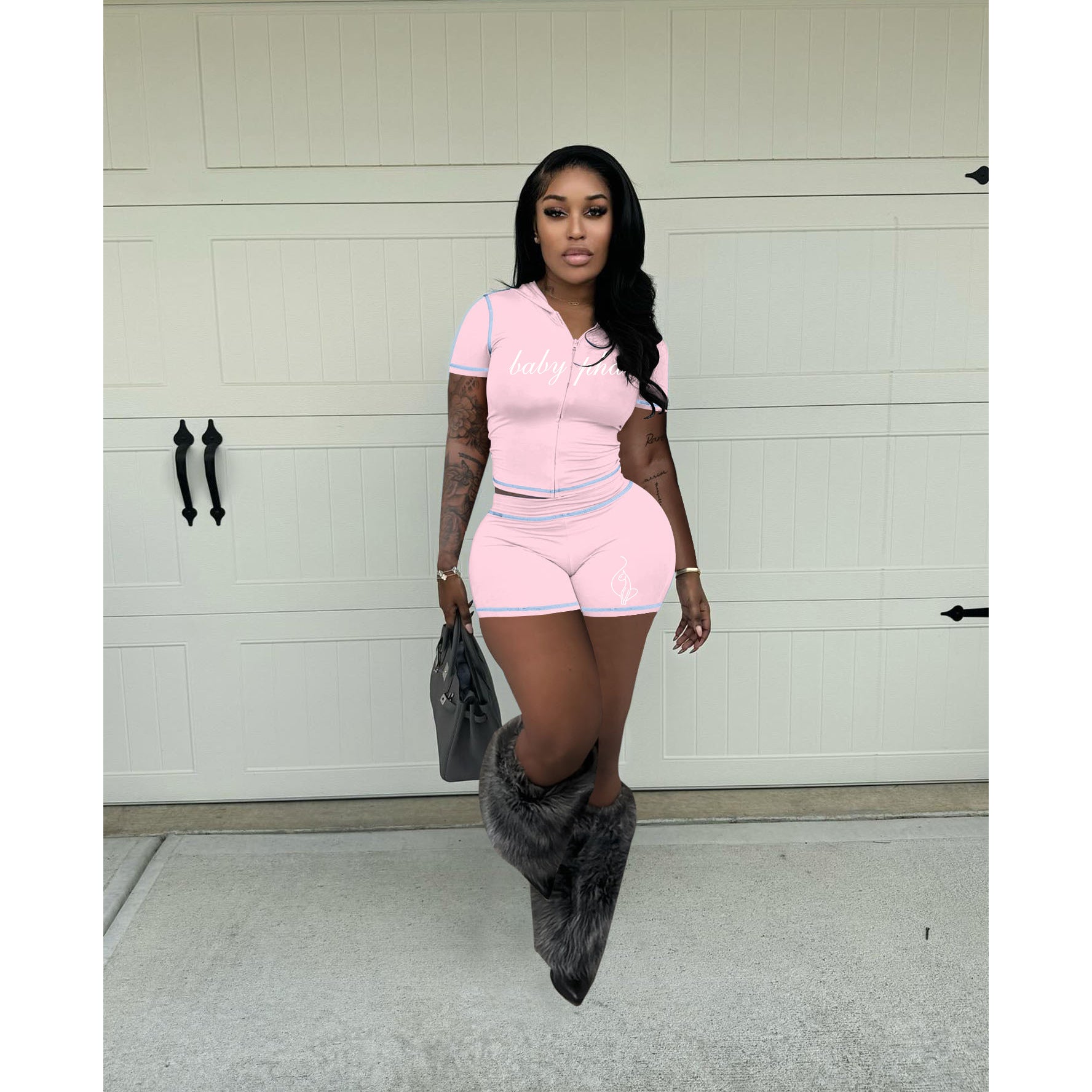 Summer Women High-Stretch Zip Hooded Casual Short Sleeve Top Shorts Two-Piece Set