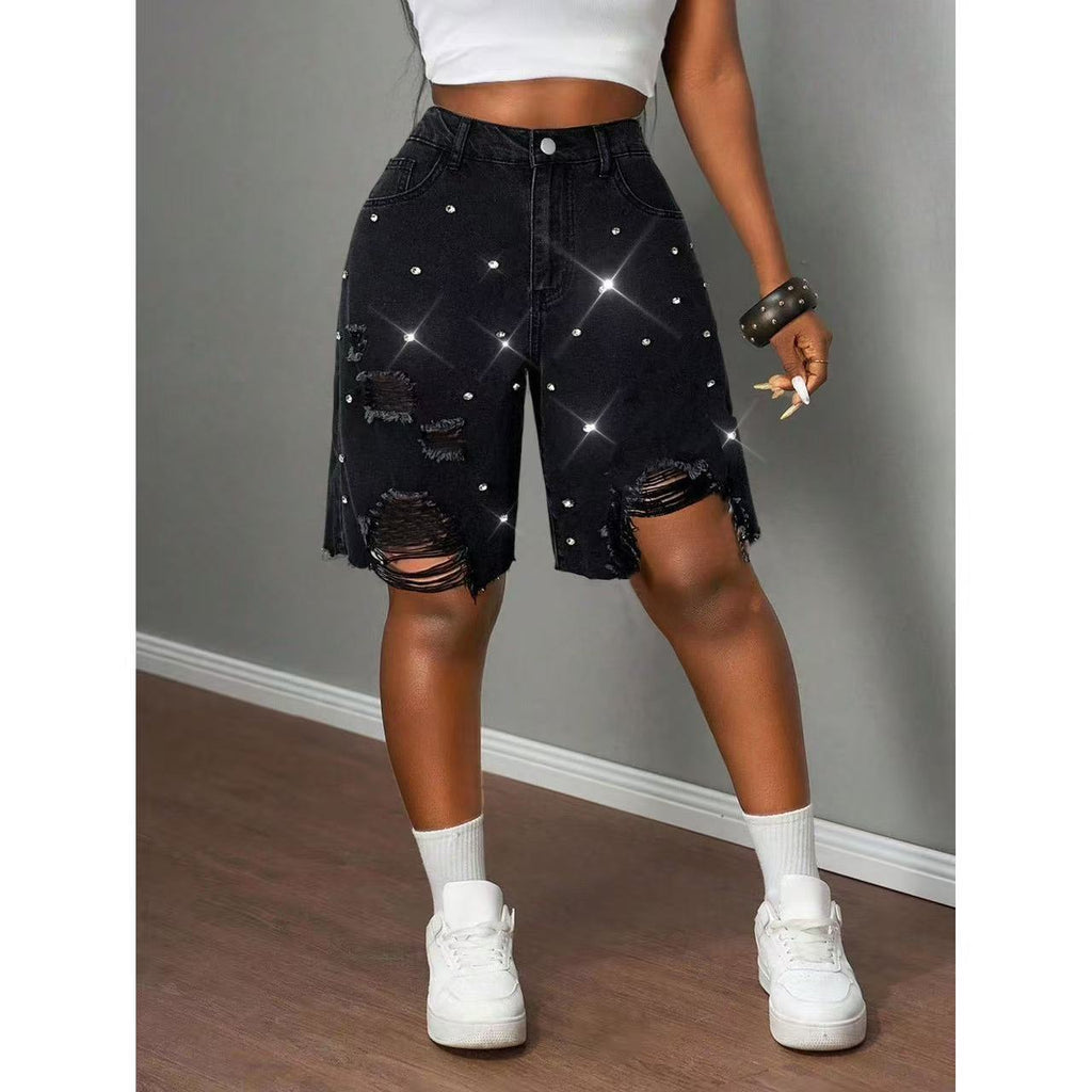 Women Spring/Summer Beaded and Rhinestone Denim Shorts