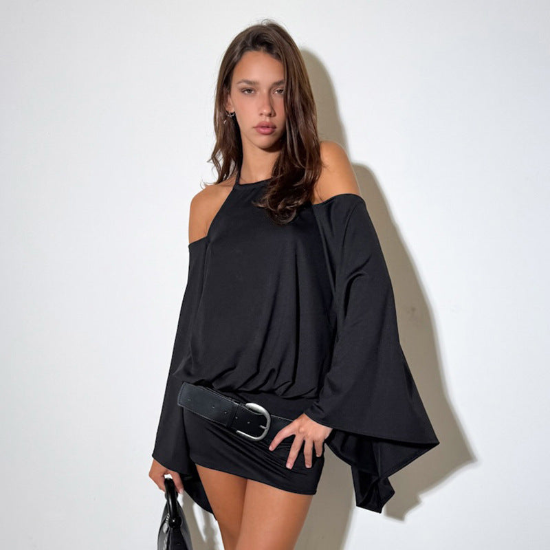 Summer Women's Solid Casual Halter Neck Bell-Bottom Sleeve Low Back Bodycon Mini Dress