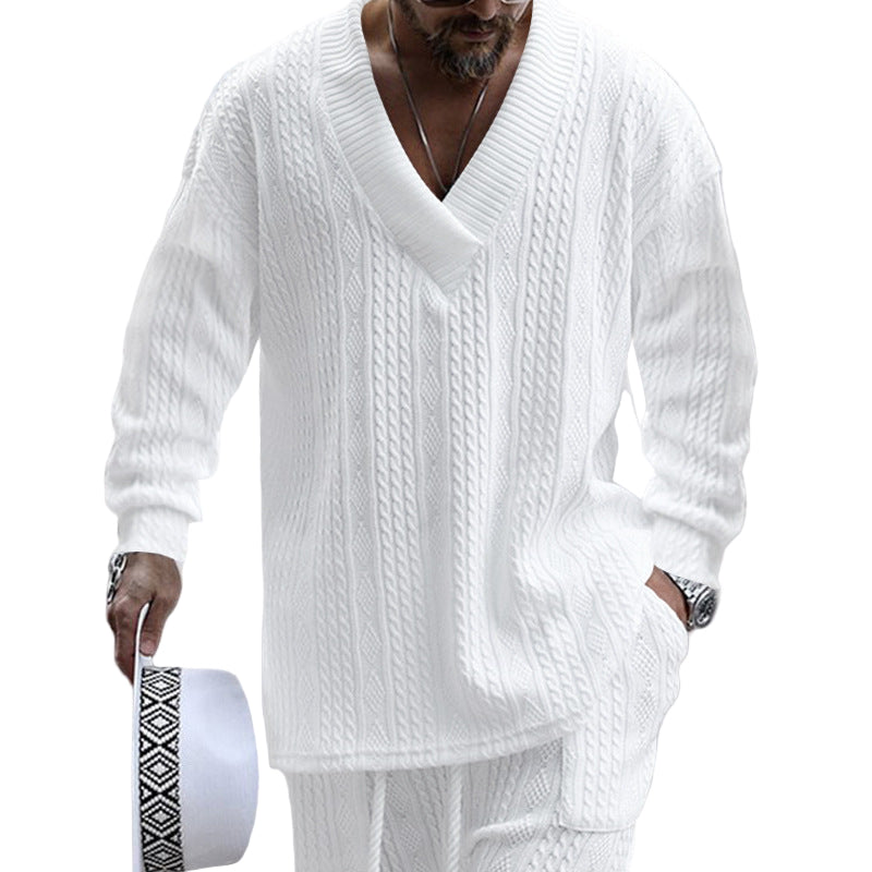 European And American Style Men's Clothing Jacquard Loose-fitting Knitted Solid Color Casual V-neck Long-sleeve Knitwear