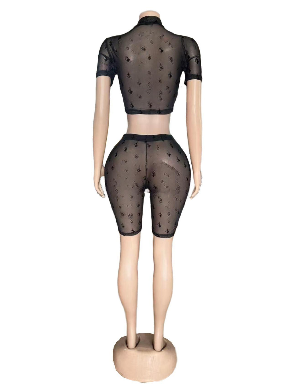 Women's Sexy Flocked Sheer Mesh Two-Piece Fashion Shorts Set