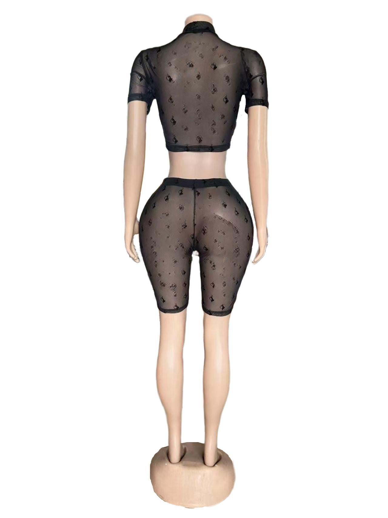 Women's Sexy Flocked Sheer Mesh Two-Piece Fashion Shorts Set