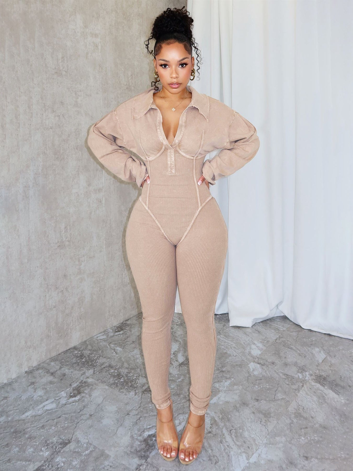 Autumn And Winter Fashion Women'S Sexy Deep V Tight Fitting Long Sleeve Jumpsuit