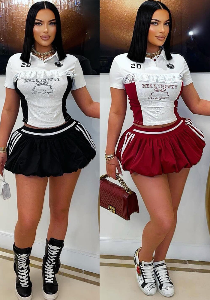 Women Lace Letter Print Button Casual Top And Skirt Two Piece Set