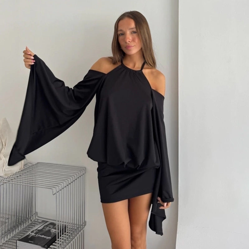 Summer Women's Solid Casual Halter Neck Bell-Bottom Sleeve Low Back Bodycon Mini Dress