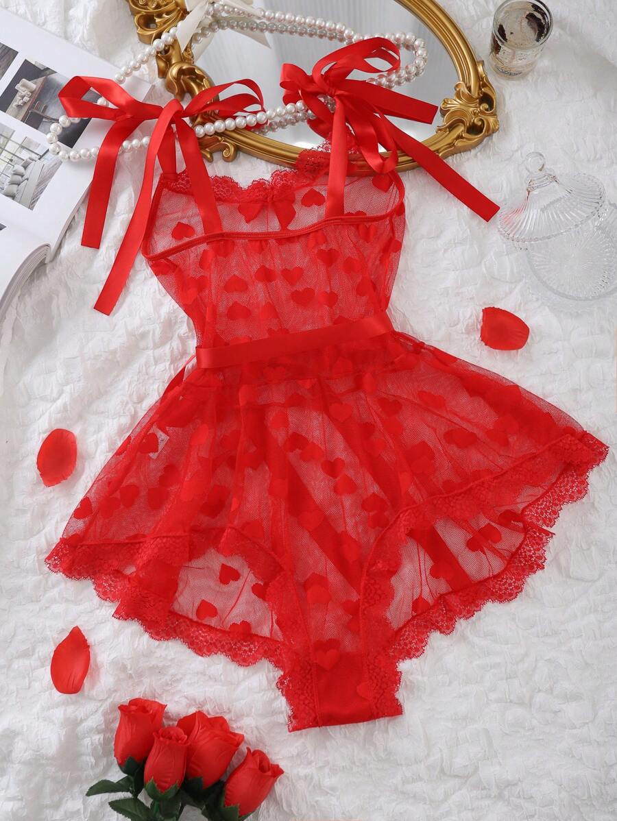 Women Heart Print Mesh Irregular Pearl Backless Nightdress Sexy Lingerie Set