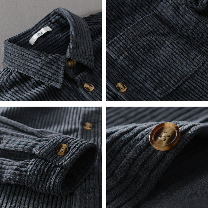 Men's Winter Corduroy Shirt with Pocket - Lapel Button Long Sleeve Top