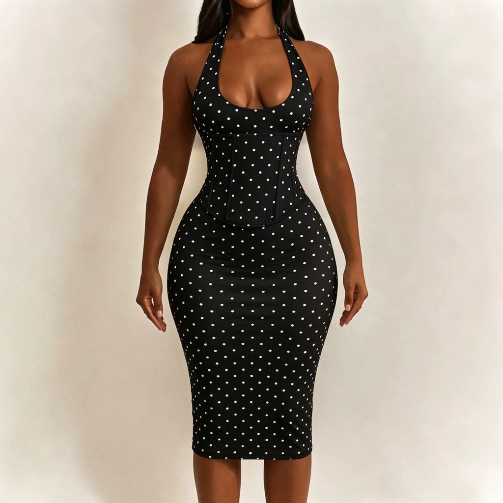 Women Halter Neck Polka Dot Herringbone Zipper (Faux Two-Piece) Dress