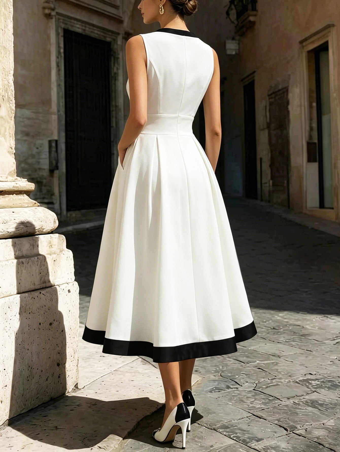 Summer Women's Color-Block V-Neck Slim Waist Solid Chic Elegant Long Dress