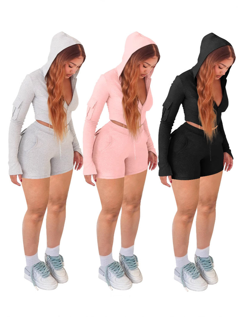 Women Casual Long Sleeve Top And Pocket Cargo Sports Shorts 2-Piece Set