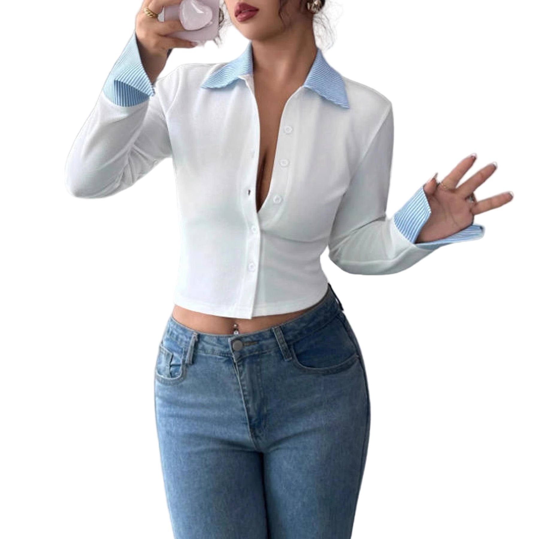 Women's Slimming Lapel Long Sleeve Fake Two-Piece Shirt