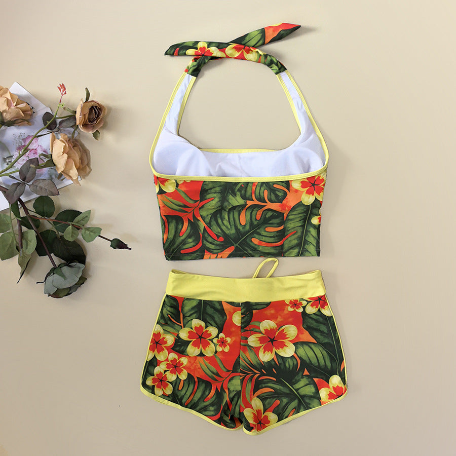 Women Summer Tropical Leaf Printed High Waist Square Leg Swimsuit