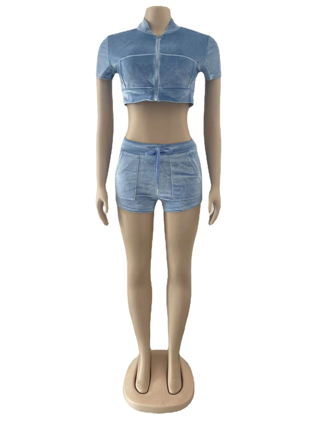 Women's Fashion Short Sleeve Velvet Fabric Two-Piece Shorts Set