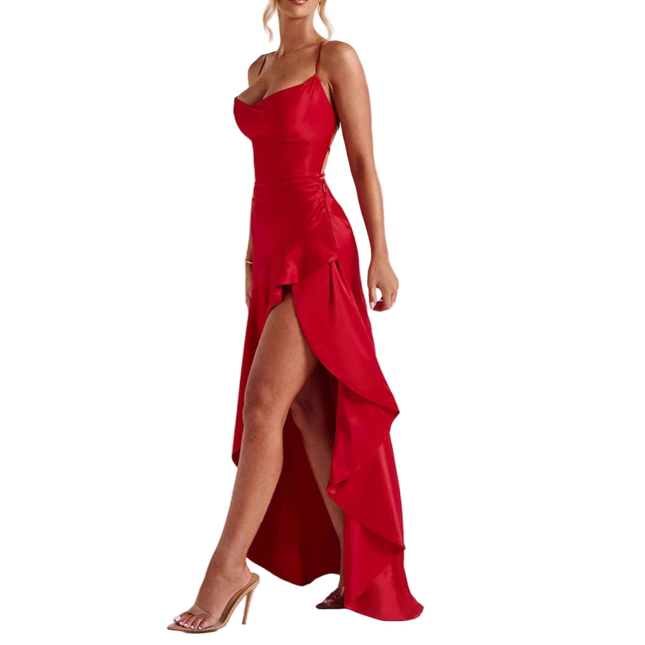 Women's Backless Ruffle Irregular Hem Dress - Elegant Evening Style