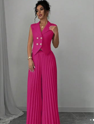 Women's Sleeveless Vest & Pleated Pants Suit Set - Fashion Two-Piece