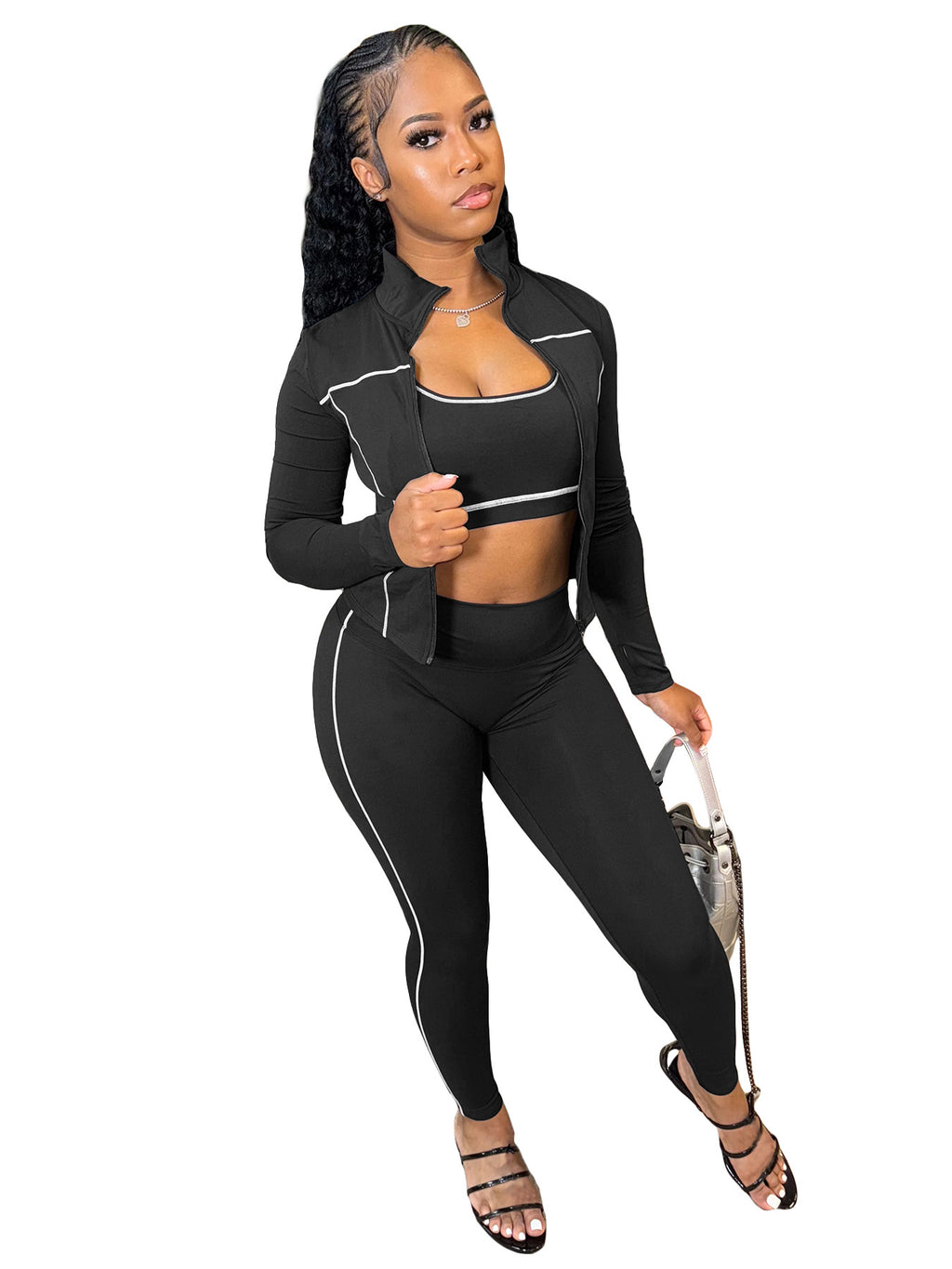 Women Zippered Thumb-Sleeve Long-Sleeved Top And Pants Three-Piece Set
