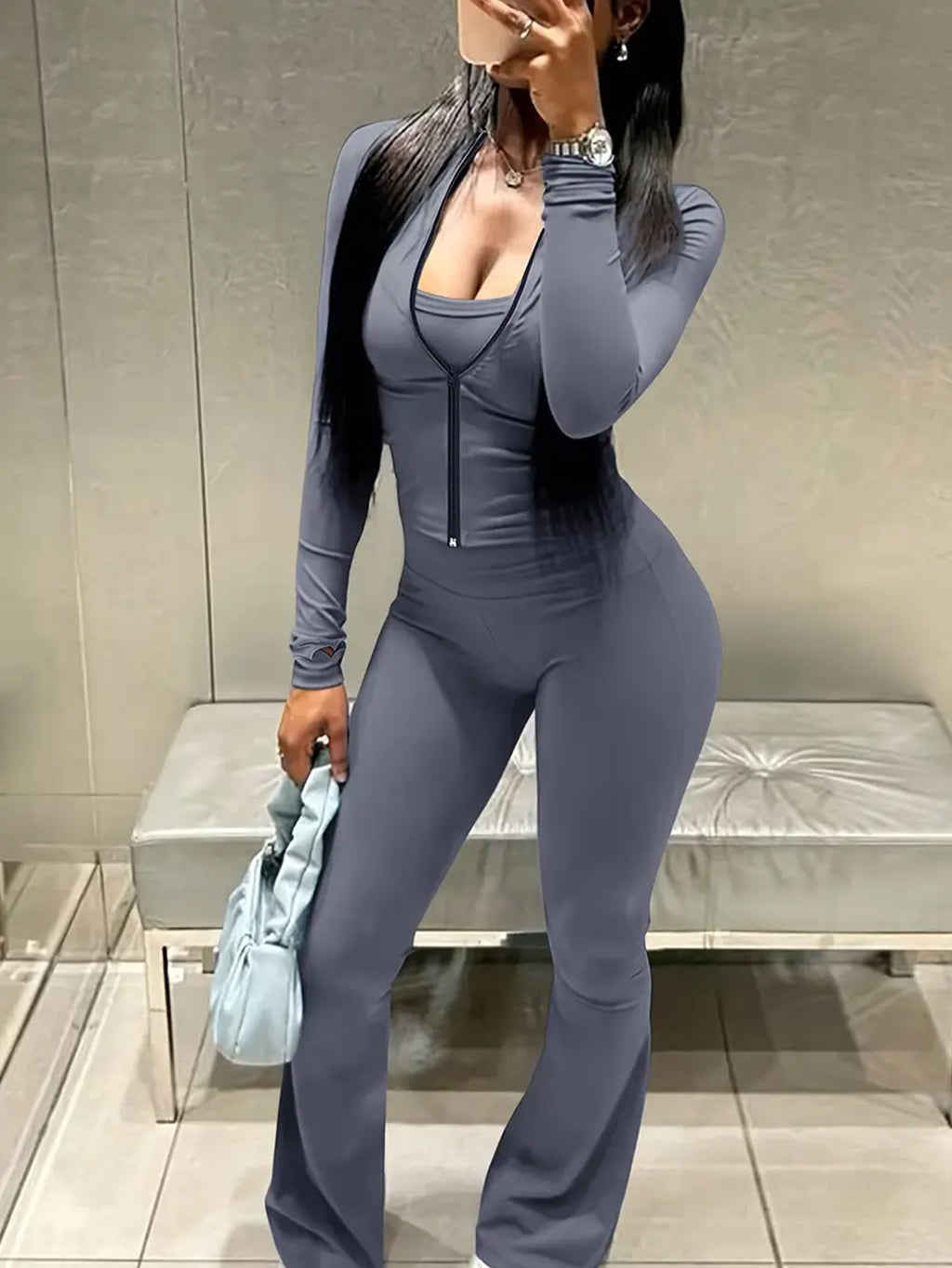 Women Casual Top And Bell Bottom Long Pants Two Piece Set