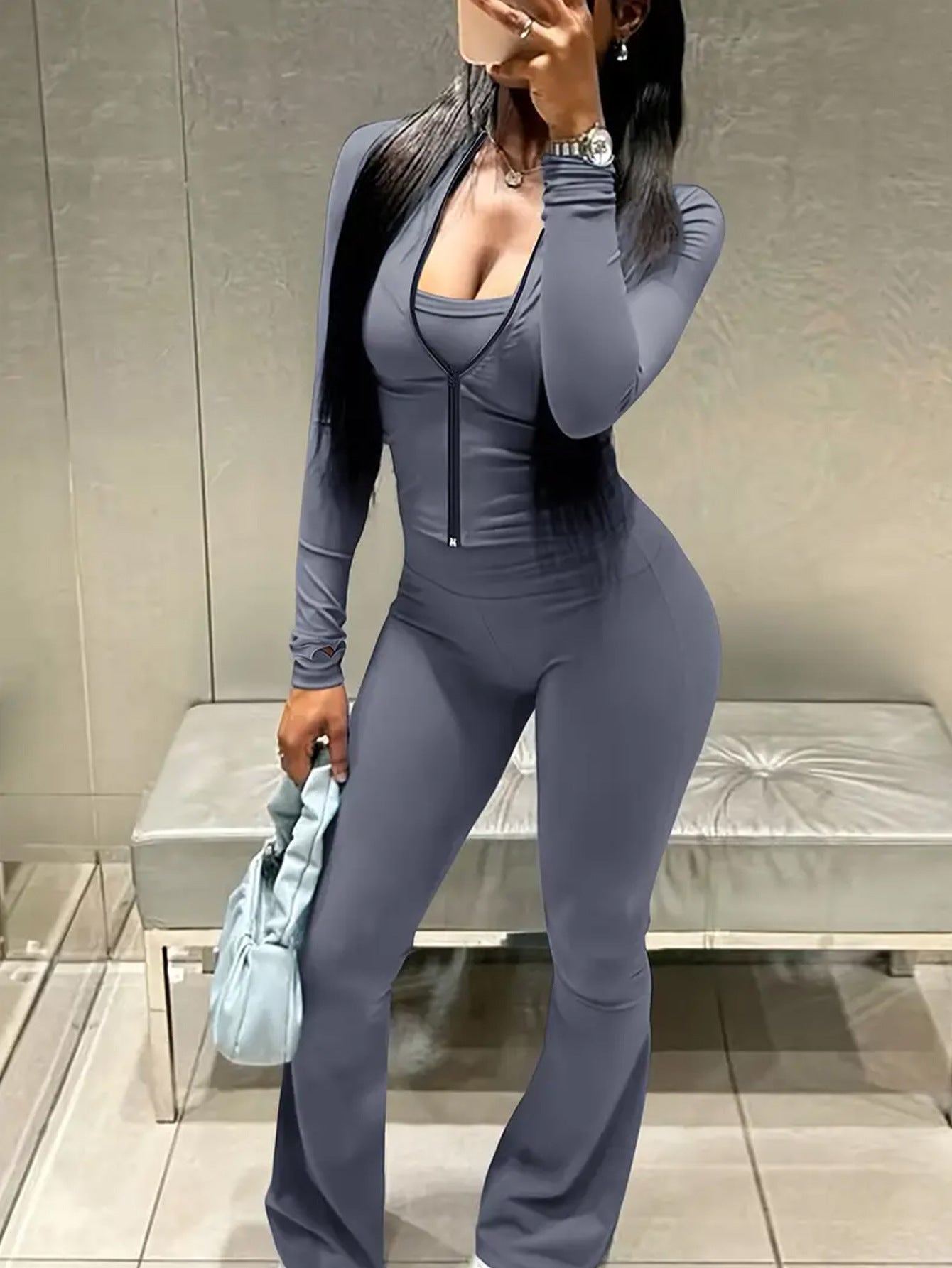 Women Casual Top And Bell Bottom Long Pants Two Piece Set