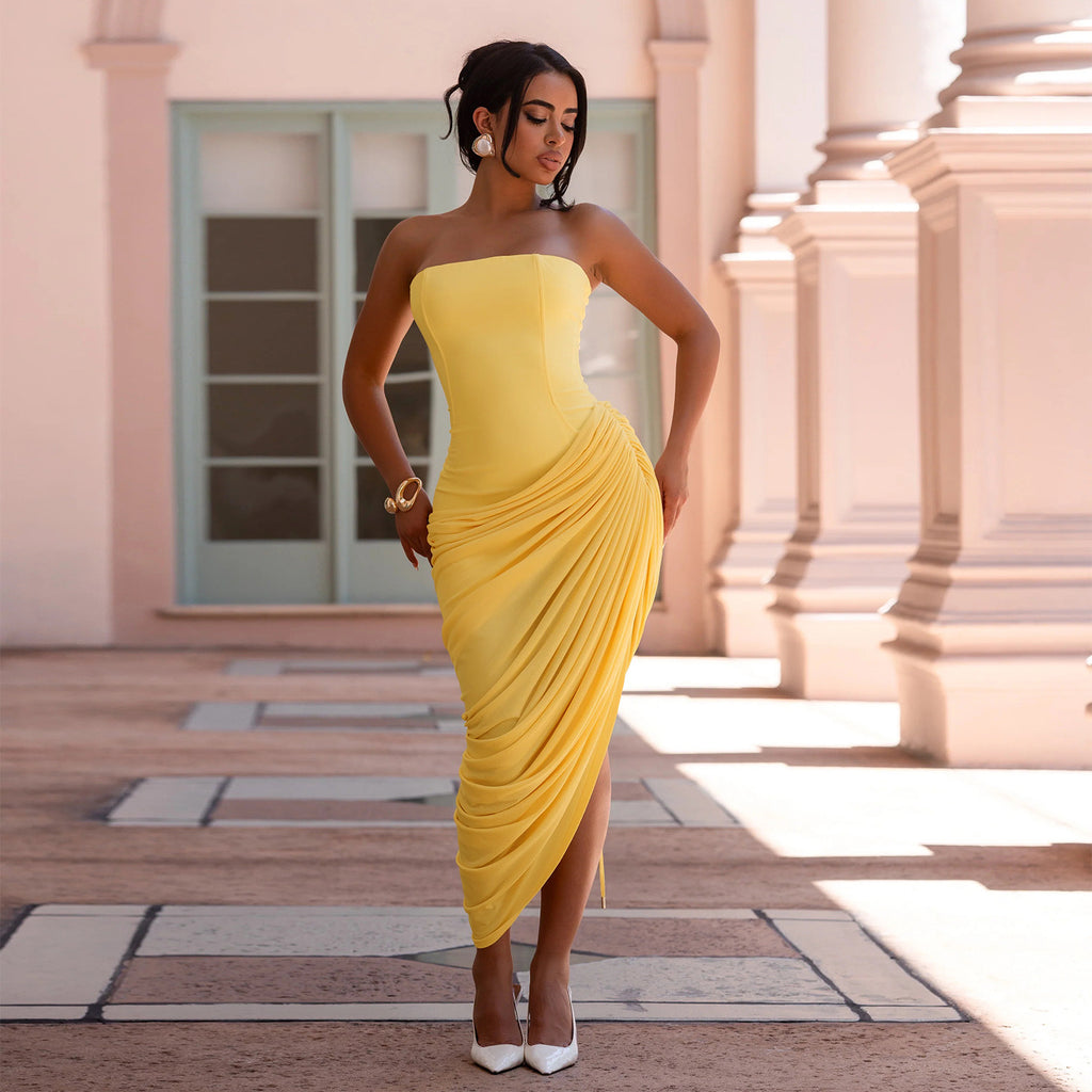 Women Sexy Off-Shoulder Strapless Pleated Bodycon Dress