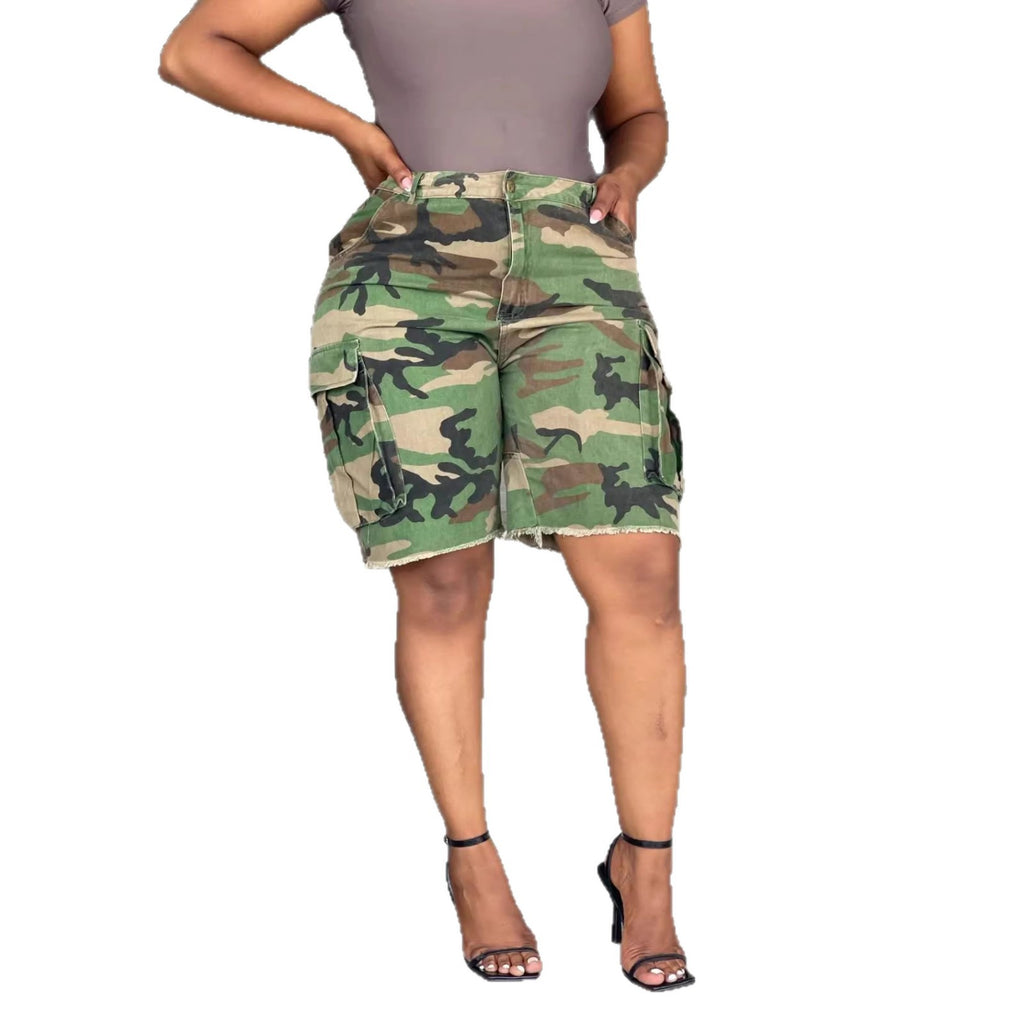 Women Summer Camouflage Casual Loose Elastic Cargo Shorts