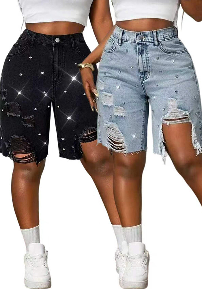 Women Spring/Summer Beaded and Rhinestone Denim Shorts