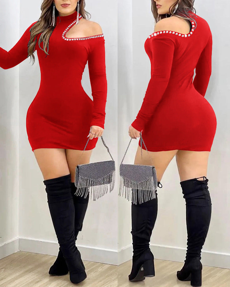Hollow-out Hotfix Midi Dress For Women