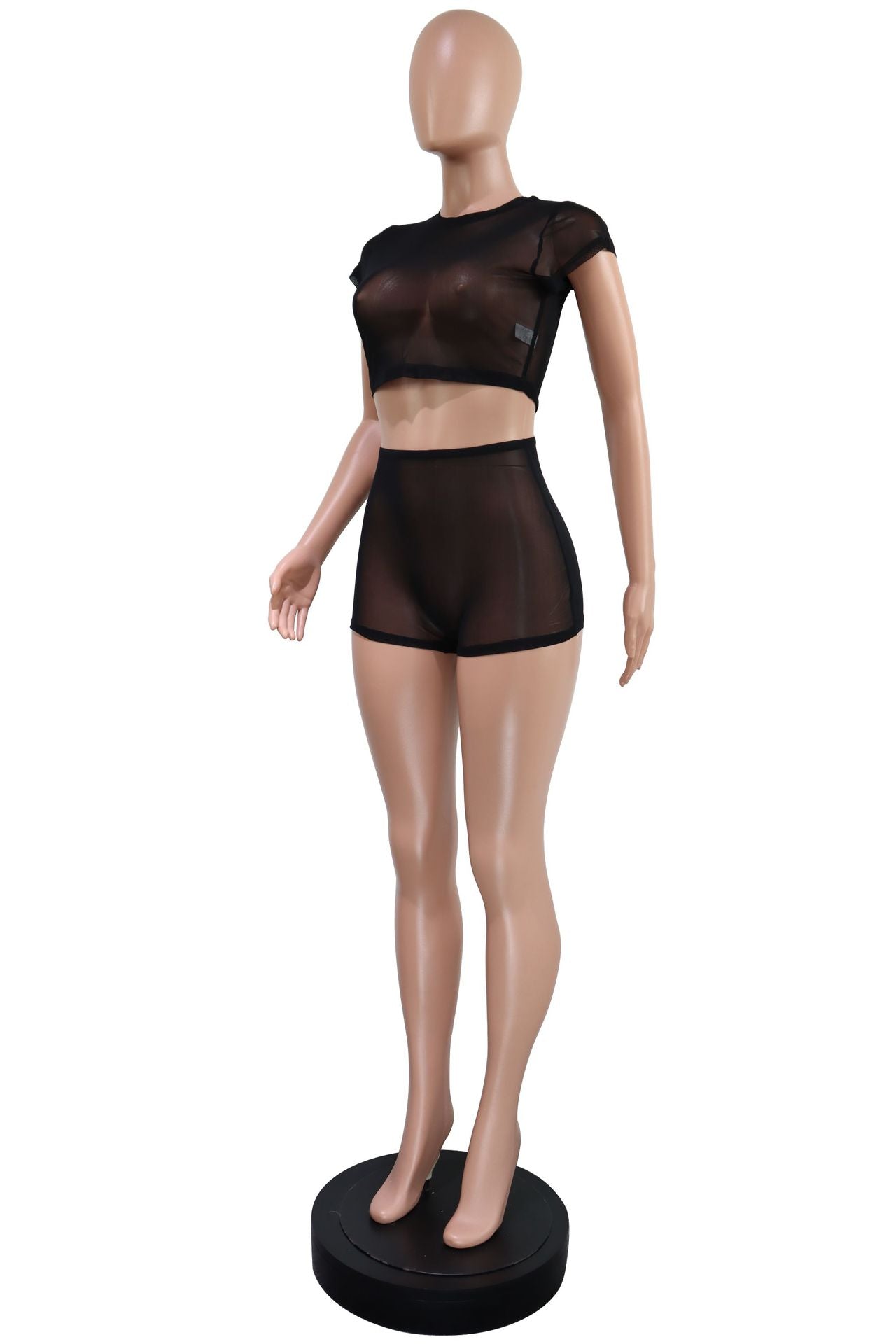 Women's Solid Short Sleeve Hollow Out Slim Fit Mesh Two-Piece Shorts Set