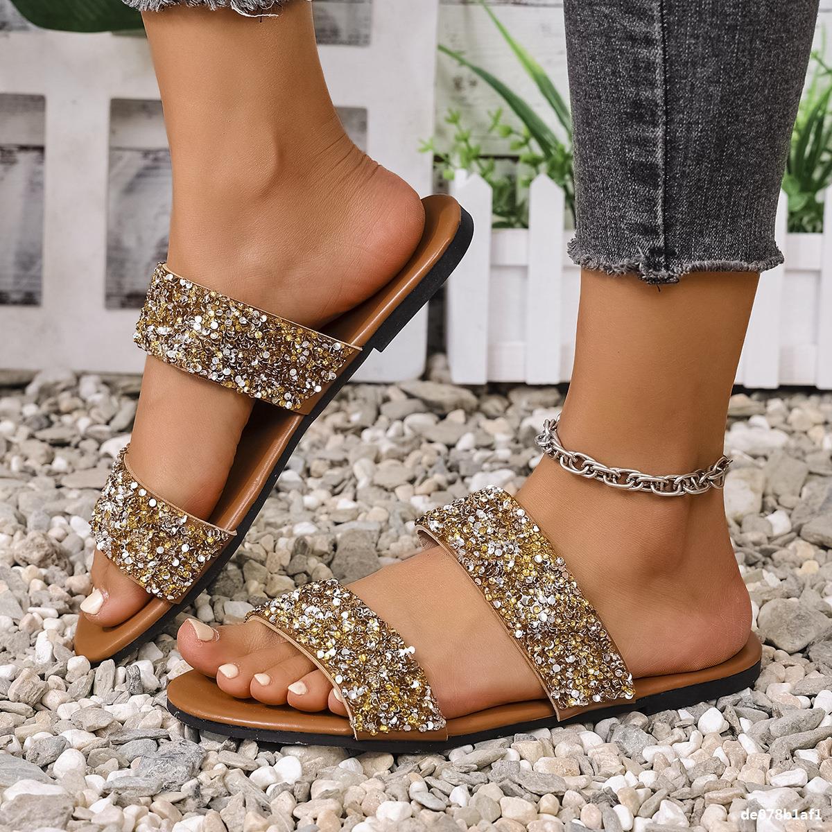 Plus Size Women Summer Rhinestone Casual Beach Slides