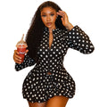 Waist-tied Polka Dot Pleated Long-sleeve Cardigan Zip-up Top And Skirt Two-piece Set