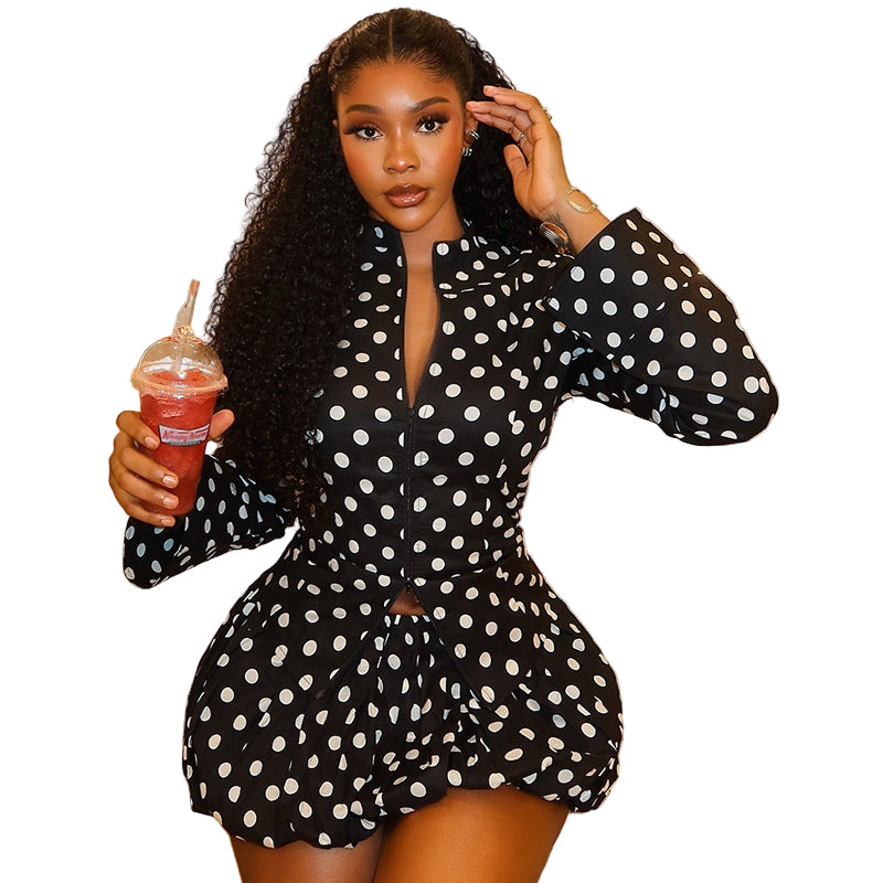 Waist-tied Polka Dot Pleated Long-sleeve Cardigan Zip-up Top And Skirt Two-piece Set