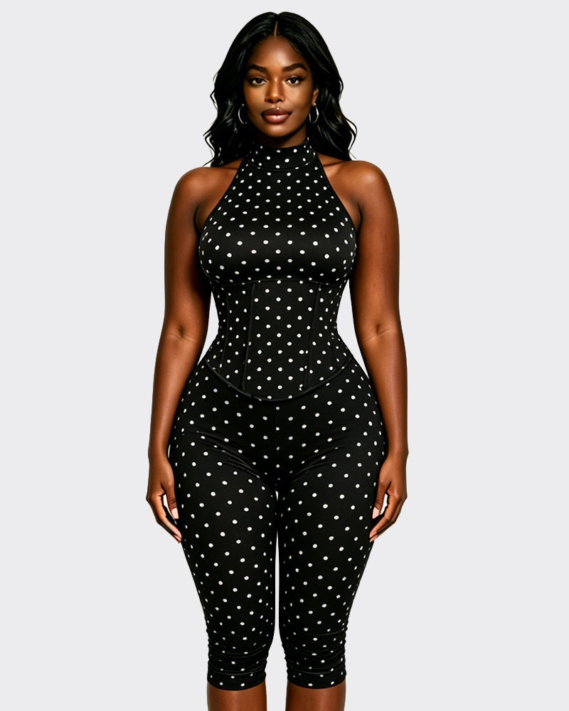 Women Halter Neck Polka Dot Zipper Capri Jumpsuit (Faux Two-Piece)
