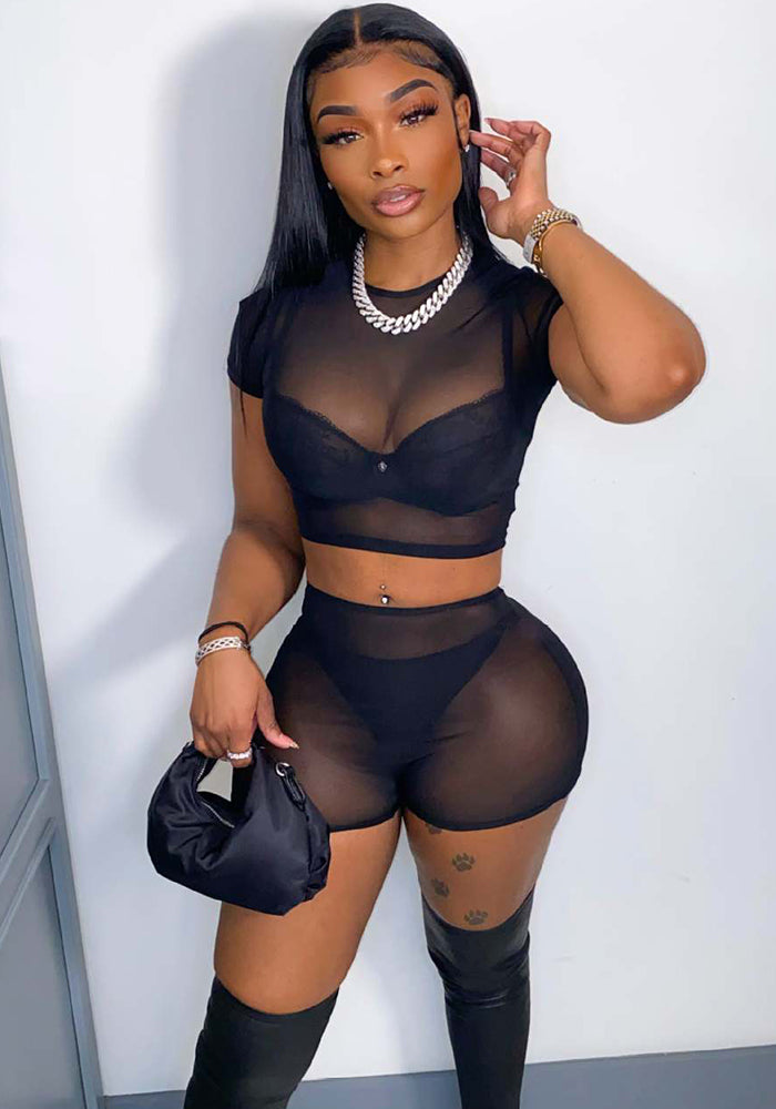 Women's Solid Short Sleeve Hollow Out Slim Fit Mesh Two-Piece Shorts Set - Infinite Luxe