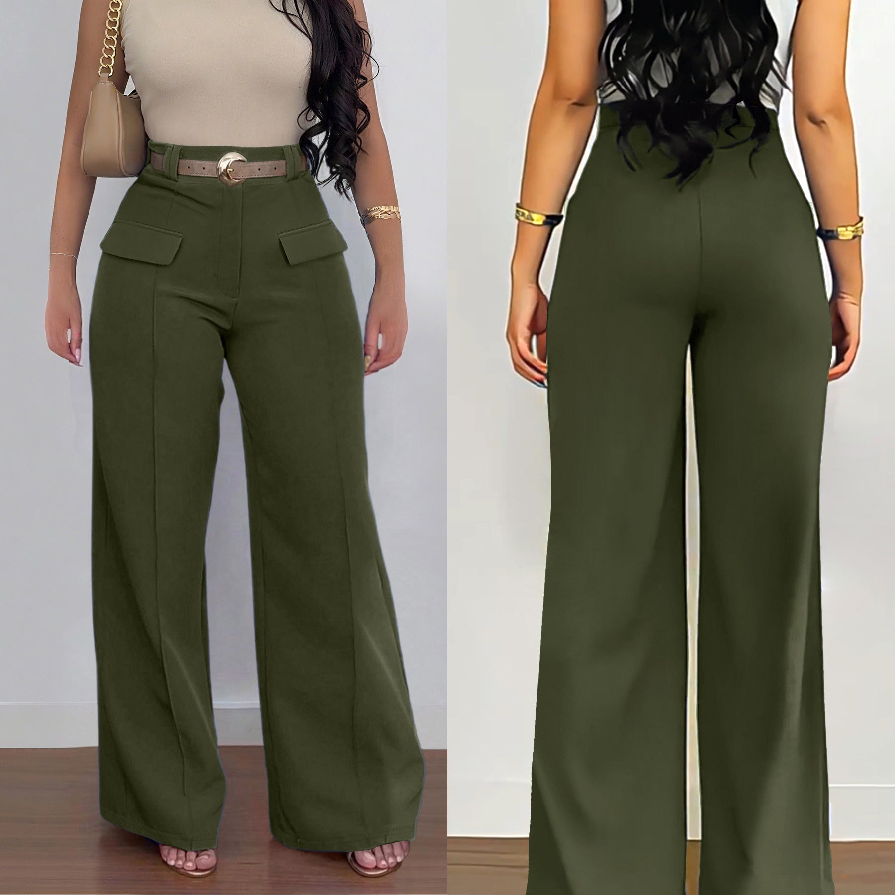 High-Rise Wide-Leg Pocket Decoration Loose Casual Pants