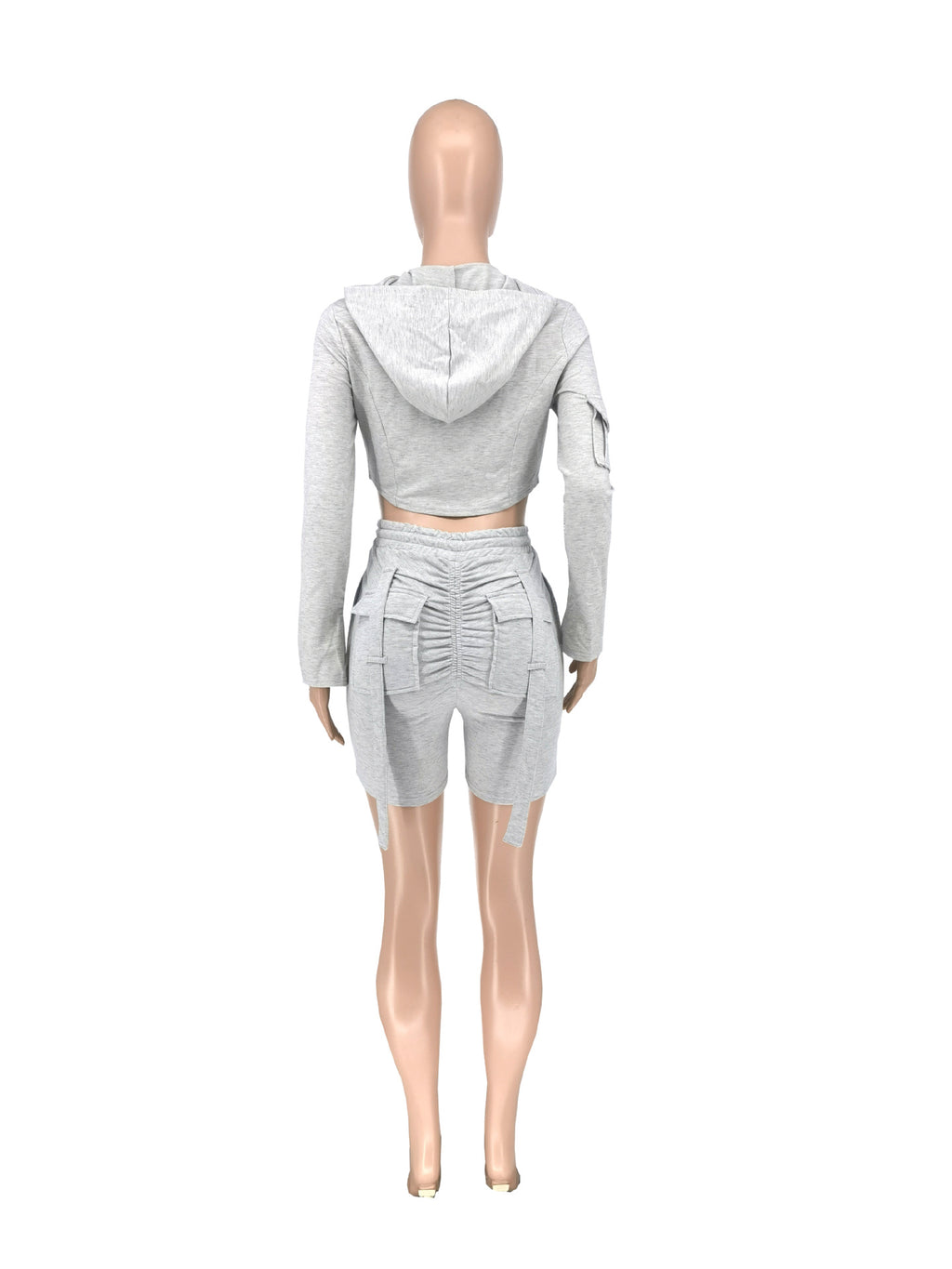 Women Casual Long Sleeve Top And Pocket Cargo Sports Shorts 2-Piece Set