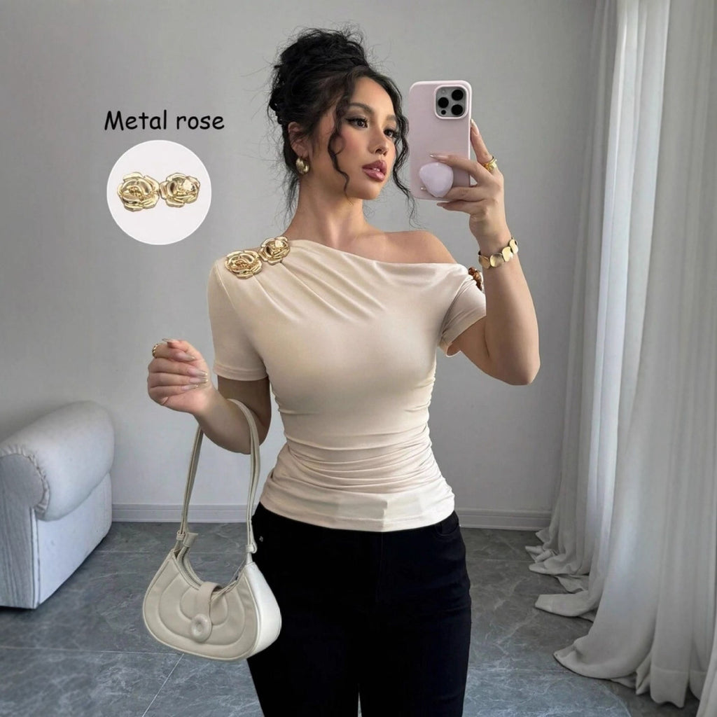 Shoulder Metal Decorative Pleating Short-sleeved T-shirt