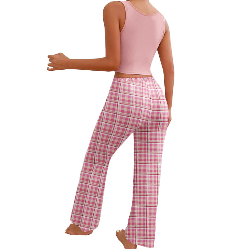 Women's Casual Pajama Set - Plaid Trousers & Letter Print Top