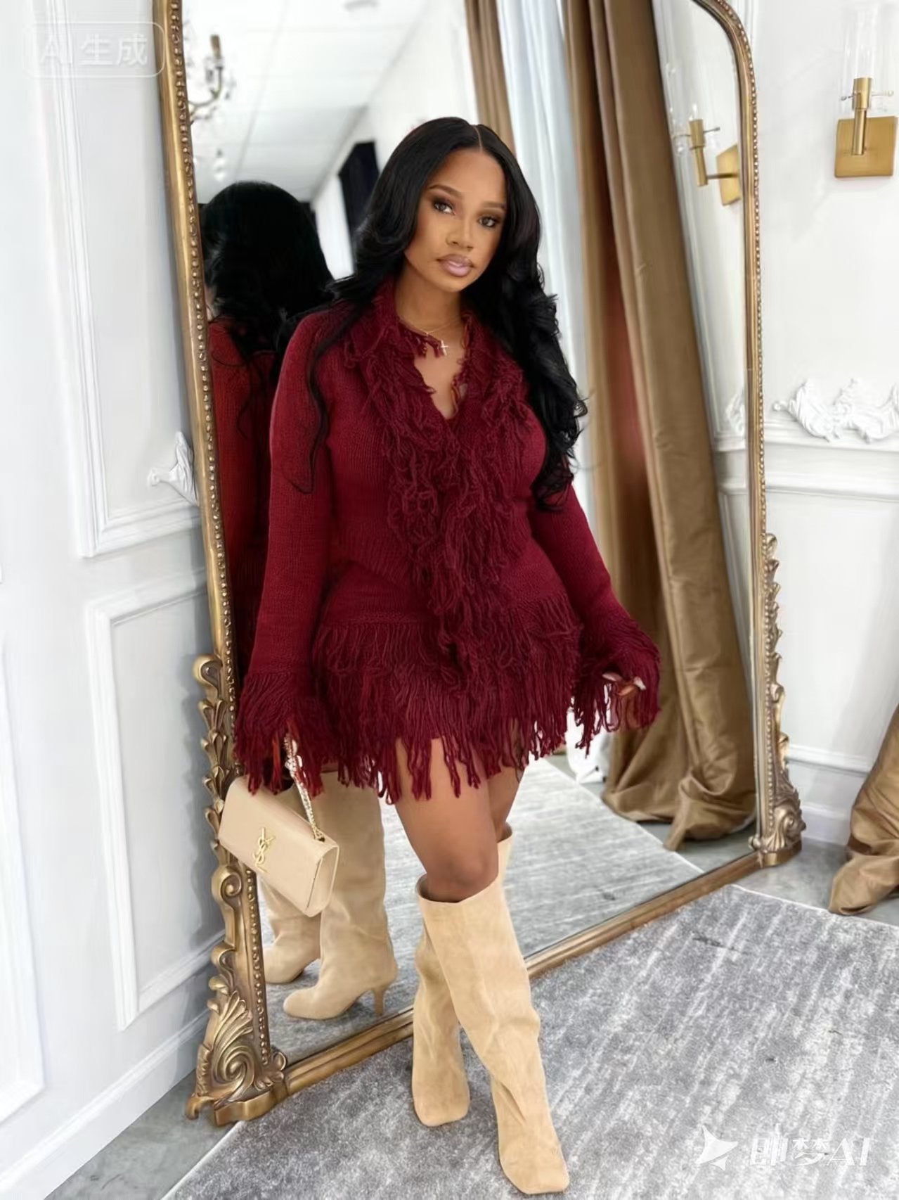 Autumn & Winter Knitted Crochet Fringe Lace-Up Long Sleeve Bodycon Skirt Set