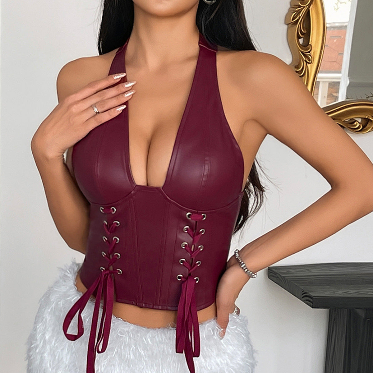 Women Pu Leather Halter Neck Lace-Up Slim Waist Camisole Top