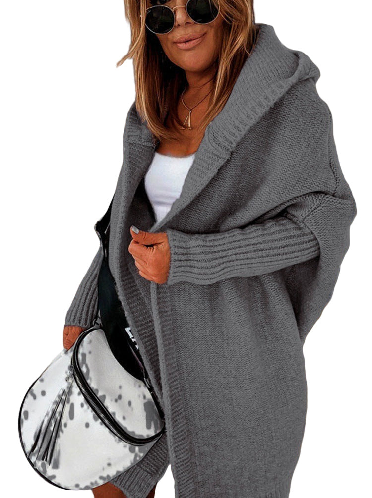 Women's Knitted Hooded Cardigan - Loose Batwing Sleeve Sweater