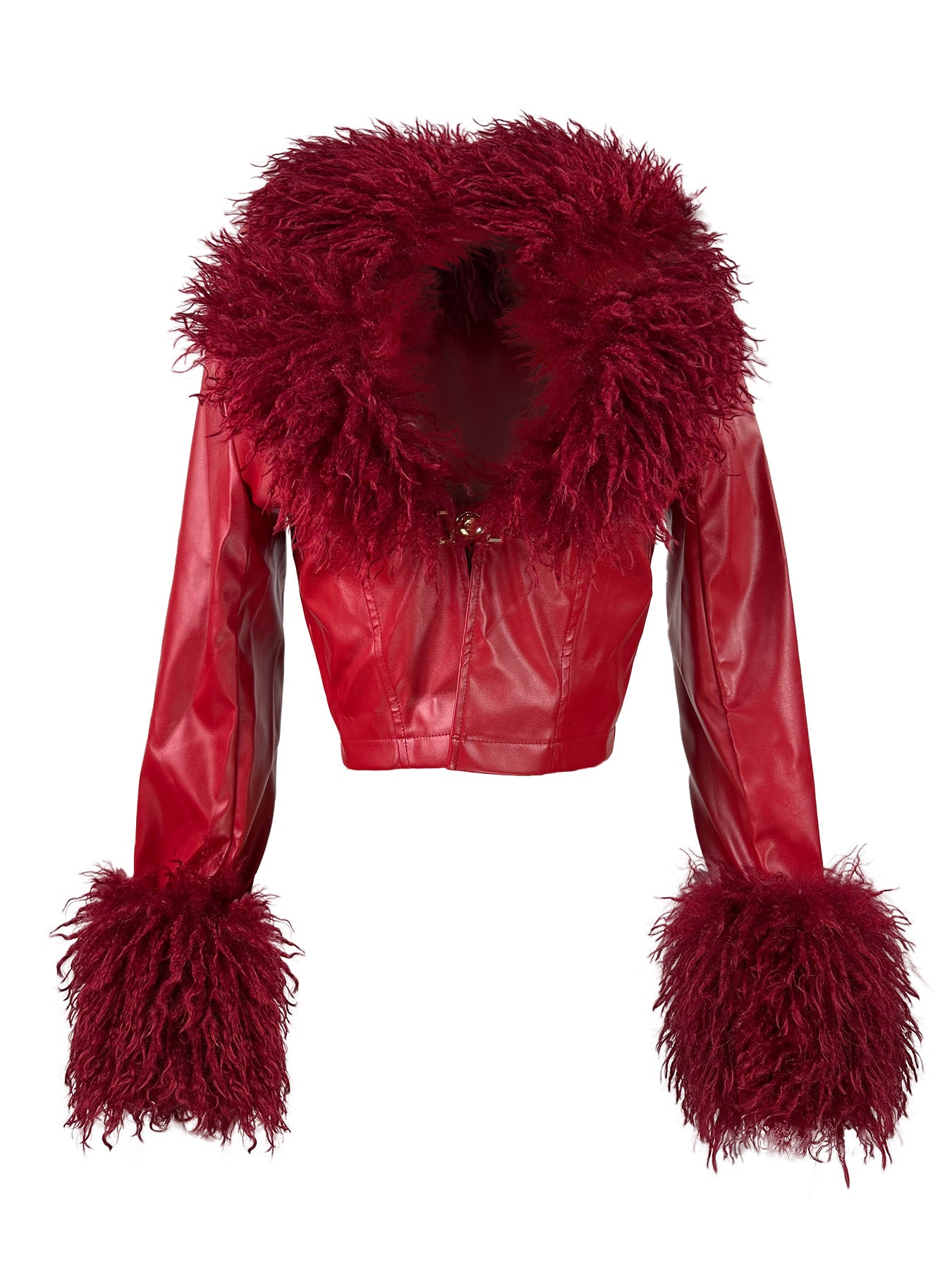 Women Furry V-Neck Button-Up Pu-Leather Jacket Top
