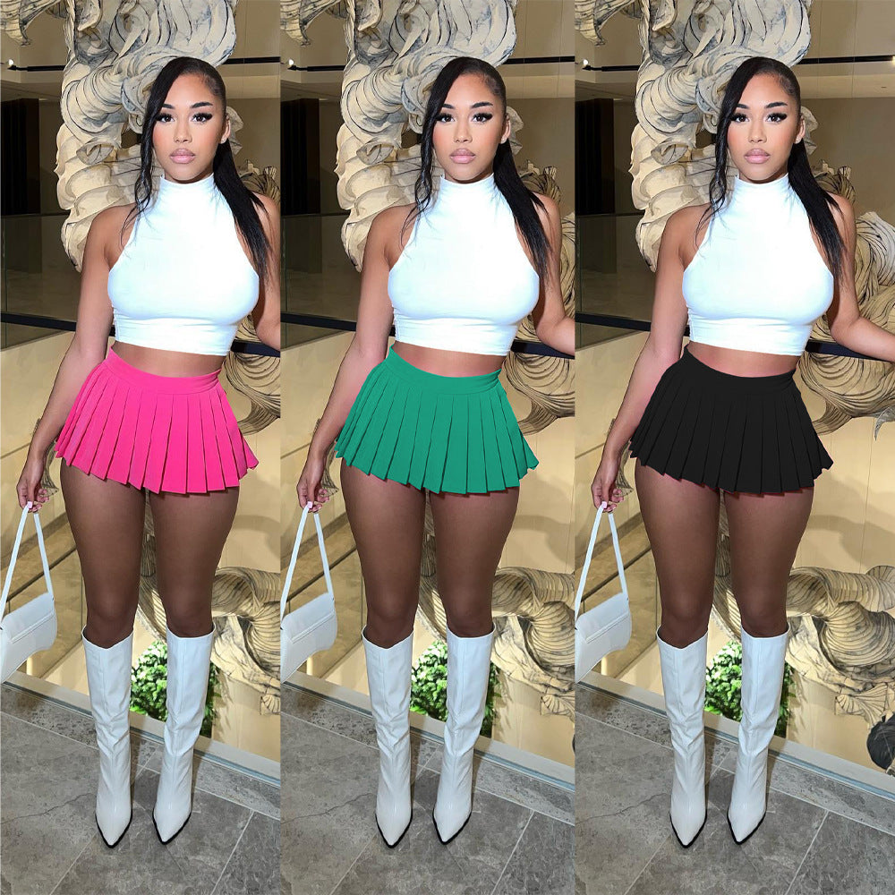 Women'S Summer Solid Color Sexy Mini Pleated Skirt