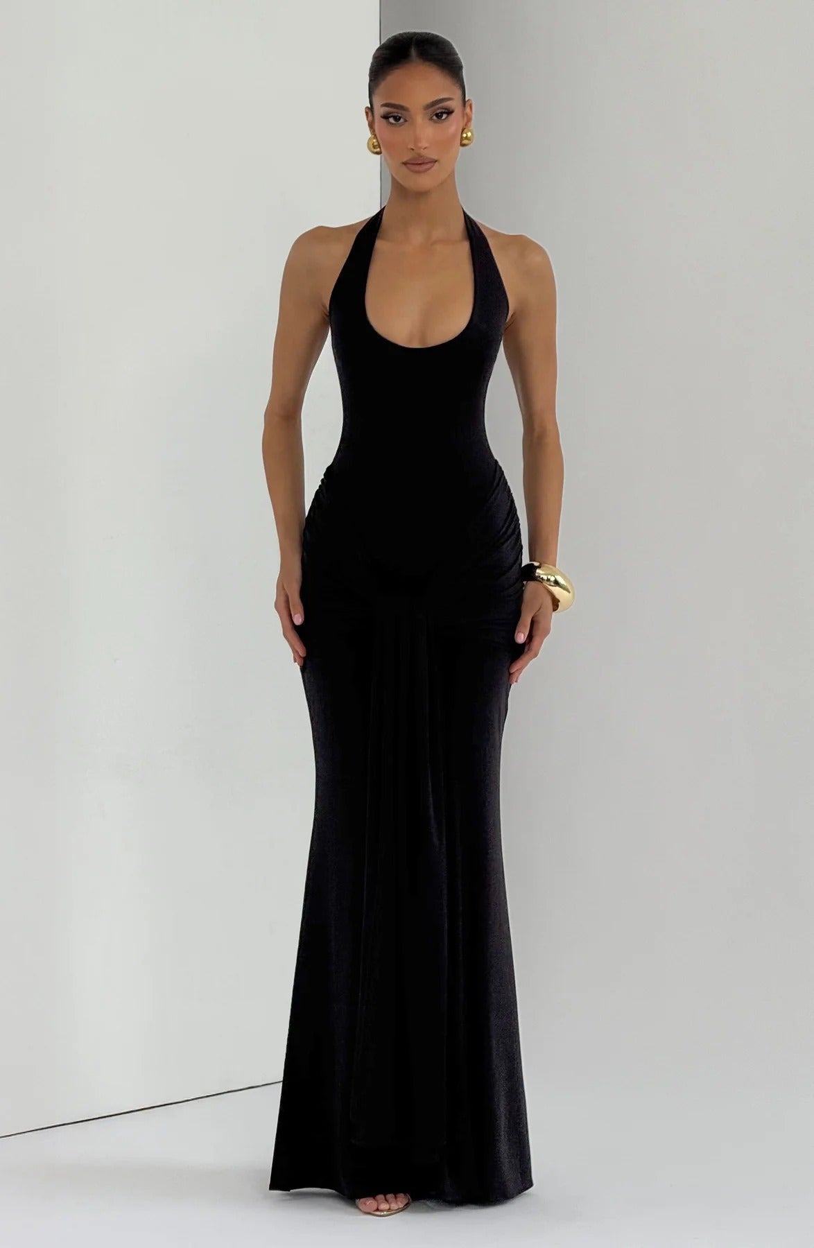 Spring Women U Neck Halter Neck Ribbon Patchwork Bodycon Long Dress