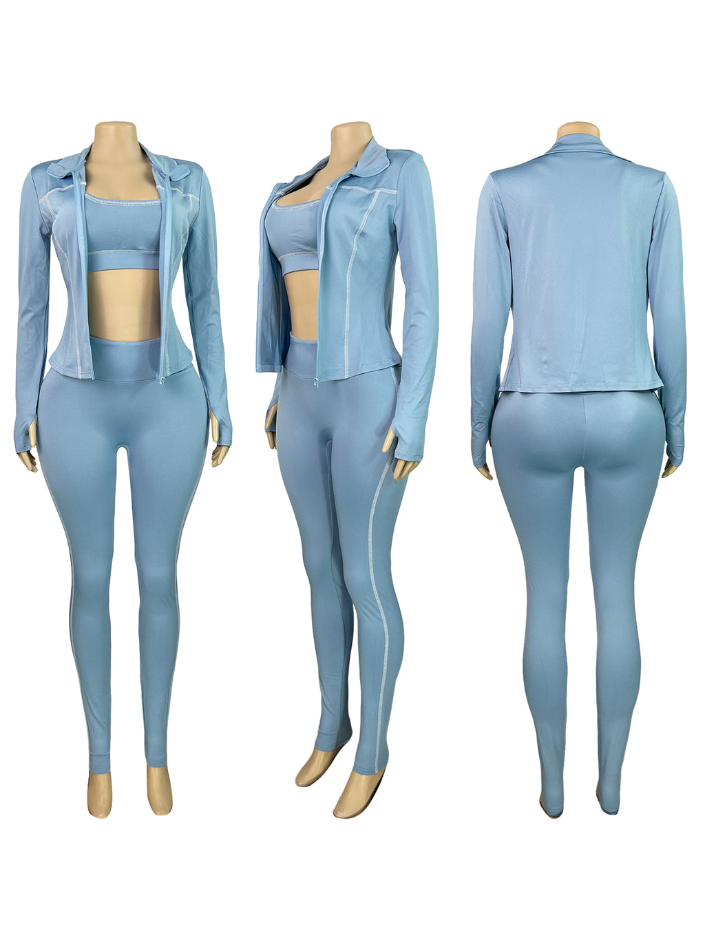 Women Zippered Thumb-Sleeve Long-Sleeved Top And Pants Three-Piece Set