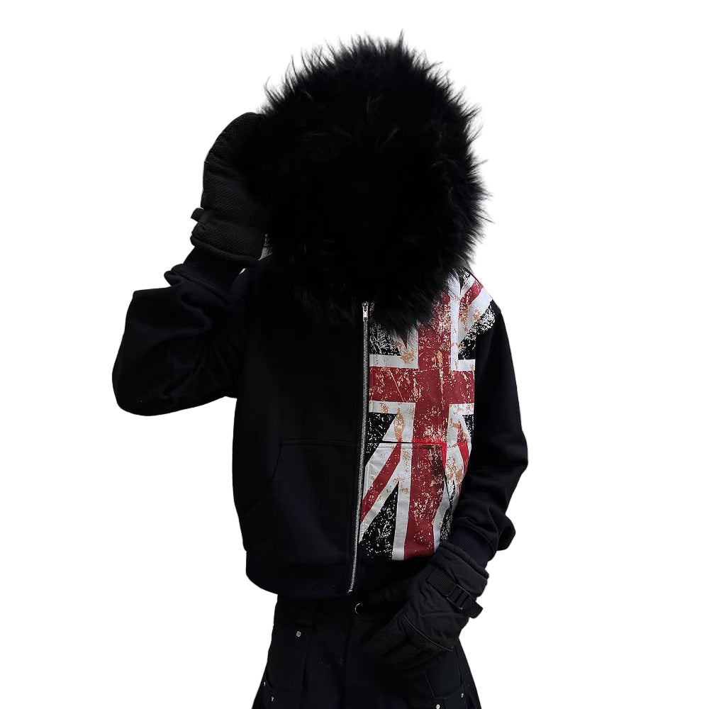 Fur Collar Printed Zipper Sweater Long Sleeve Pullover Hoodie Vintage Coat