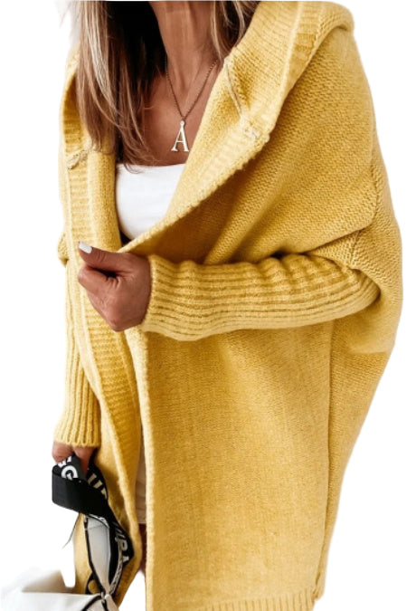 Women's Knitted Hooded Cardigan - Loose Batwing Sleeve Sweater